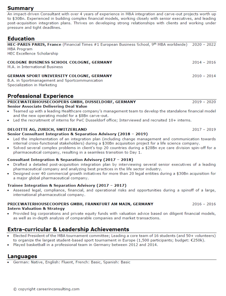 MBA consulting resume example