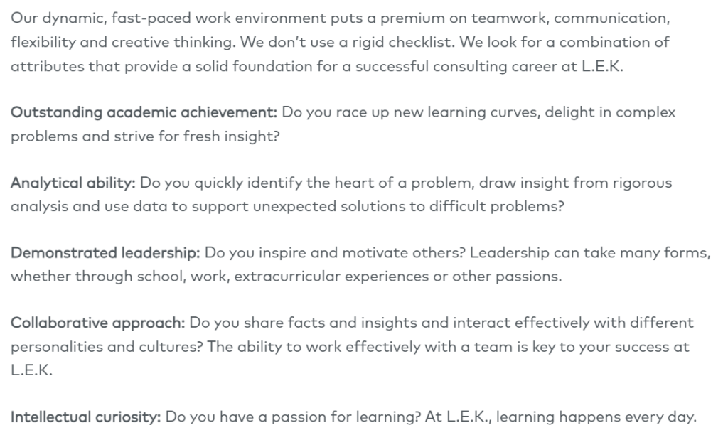 LEK Consulting - what we look for