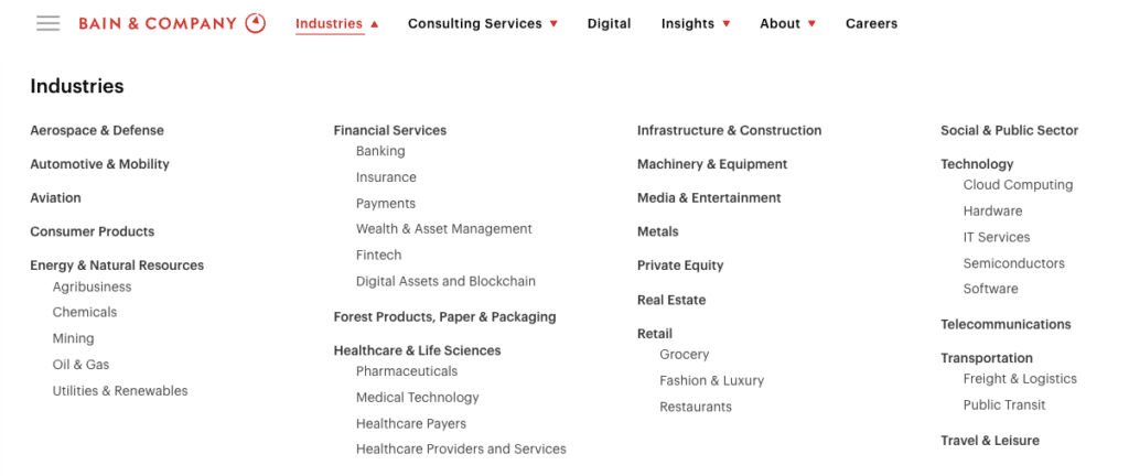 The industries served by Bain & Company
